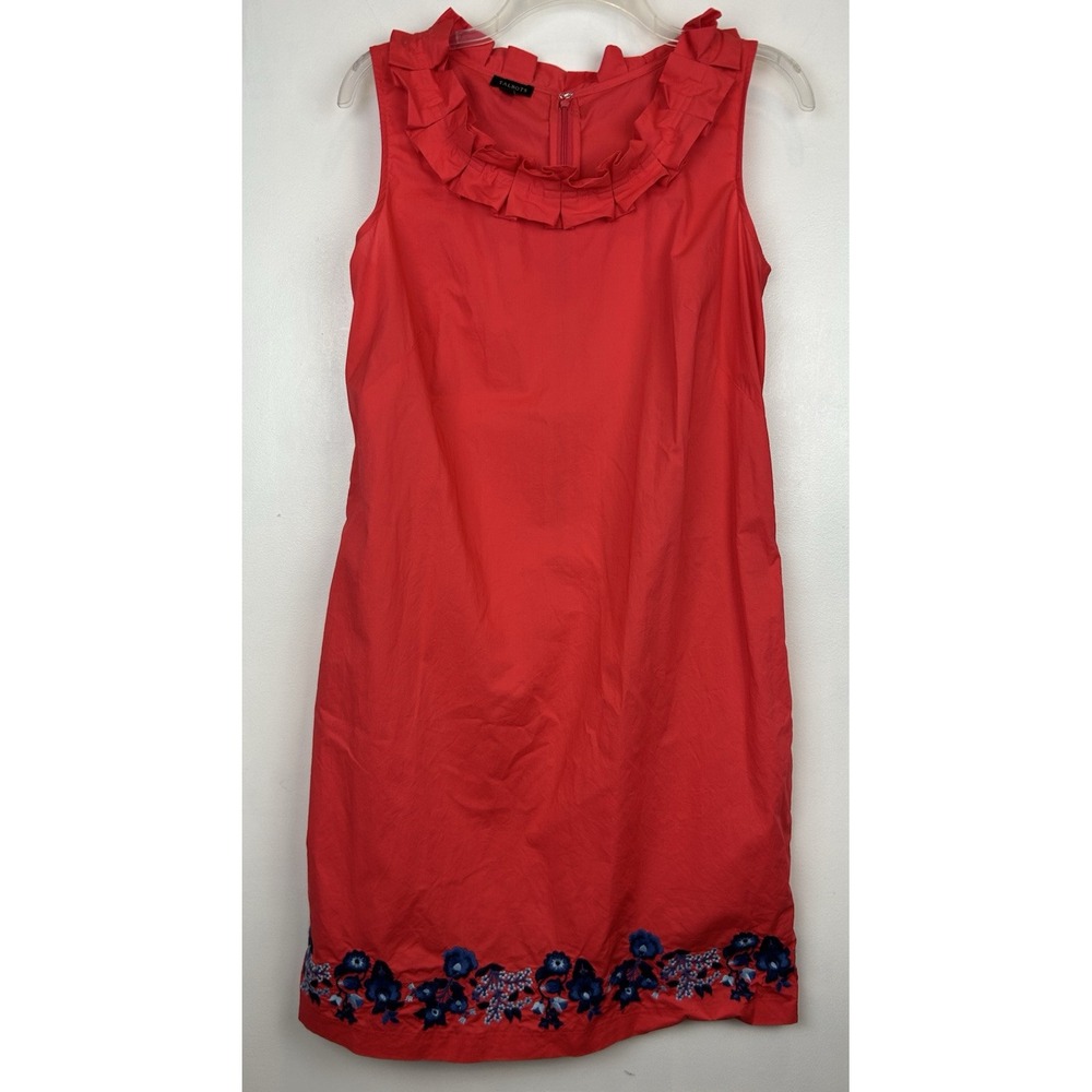 Talbots Dress Womens 8 Red Cotton Embroidered Ruffle Neck Shift Read